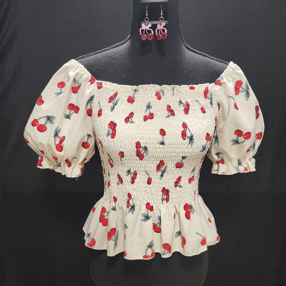 SHEIN Cherry Print Buff Sleeve On Or Off The Shoulder Top With Cherry Earrings - Picture 1 of 13